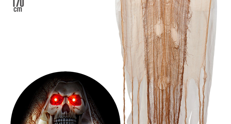 Grim reaper met licht als hangdecoratie in bruin gerafeld gaas, met inzet van de rood oplichtende ledogen voor Halloween