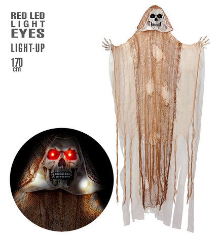 Grim reaper met licht als hangdecoratie in bruin gerafeld gaas, met inzet van de rood oplichtende ledogen voor Halloween