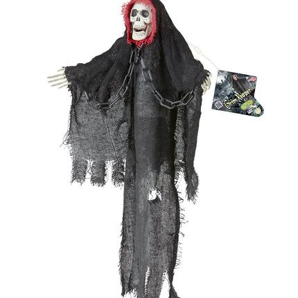 Grimreaper animatie met lichtgevende ogen, skelethanden uit de gescheurde gaasmantel en verpakkingslabel