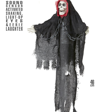 Grimreaper animatie met witte skeletschedel, rode kaprand en zwarte ketting over de gerafelde mantel