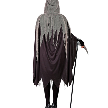 Grimreaper cape met kap van grijs gaas, achterkant op damesmodel met zwarte panty