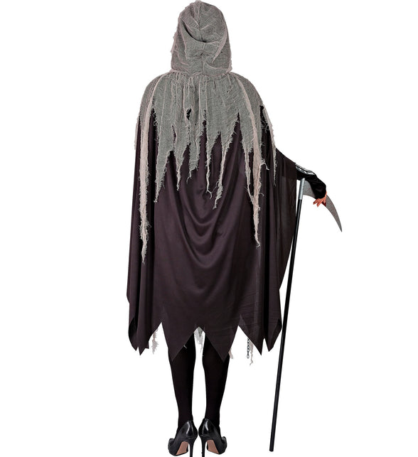 Grimreaper cape met kap van grijs gaas, achterkant op damesmodel met zwarte panty