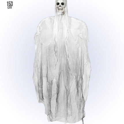 Grimreaper decoratie van 153 cm hoog met gerafelde witte mantel om op te hangen