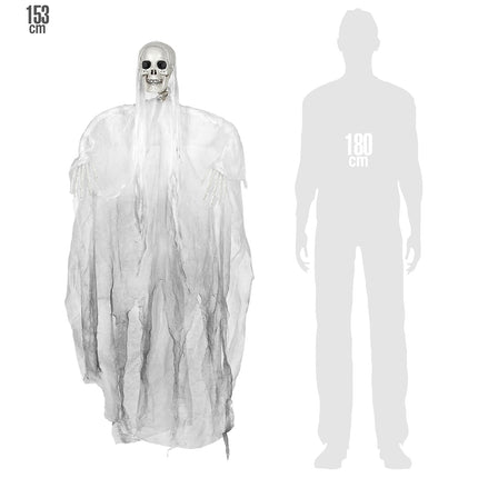 Grimreaper decoratie 153cm naast silhouet van 180 cm, zo groot hangt de halloweenfiguur