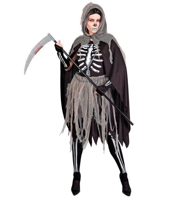 Grimreaper kostuum dames Skelety met zwarte skeletjurk, grijze gaasrok en cape met kap voor Halloween