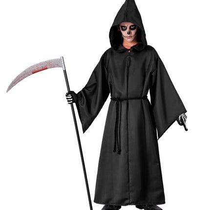 Grimreaper kostuum Donny met wijde klokmouwen en zwarte koordriem in de taille