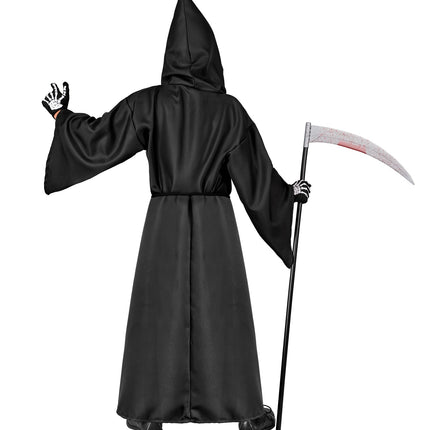 Grimreaper kostuum kinderen achterkant, lang zwart gewaad met puntige capuchon