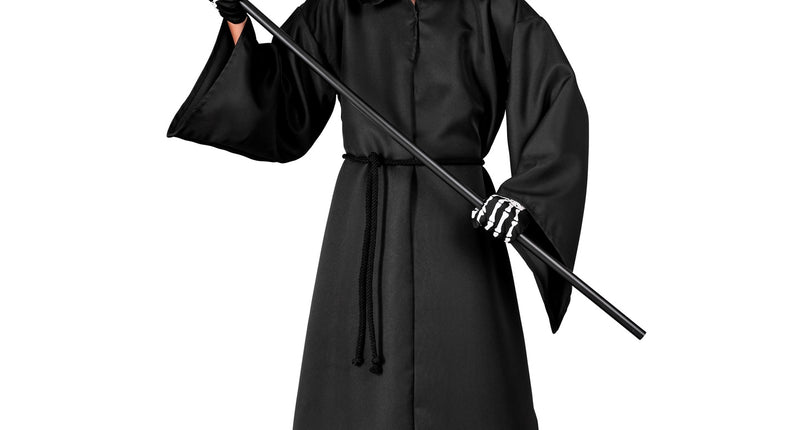 Grimreaper kostuum kinderen Donny, zwart gewaad met puntkap en koordriem voor Halloween