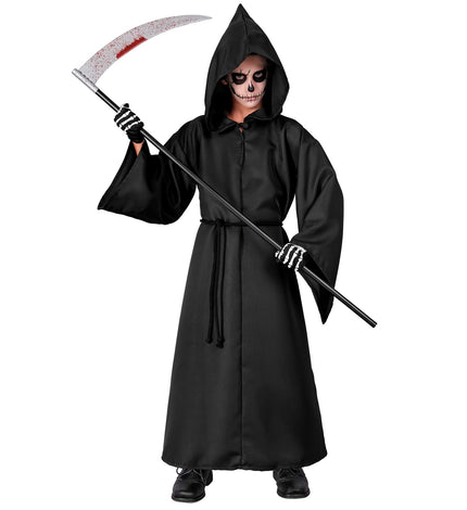 Grimreaper kostuum kinderen Donny, zwart gewaad met puntkap en koordriem voor Halloween