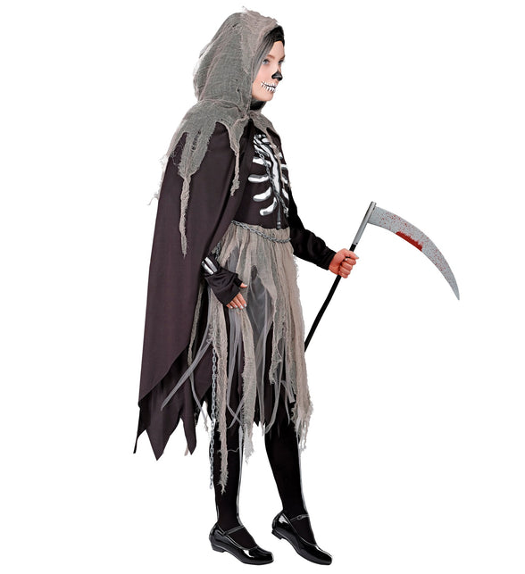 Grimreaper kostuum kinderen van de zijkant, cape met grijze gaaslaag en gerafelde zoom