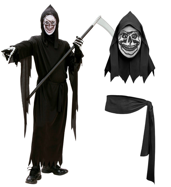 Grimreaper pak kinderen met los capuchonmasker met doodskopprint en zwarte ceintuur