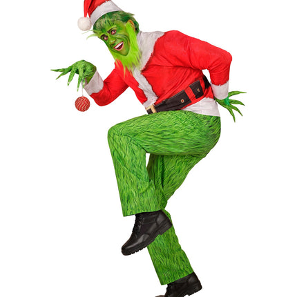 Grinch kerstkostuum in draagstand met groene klauwhand en rode kerstbal