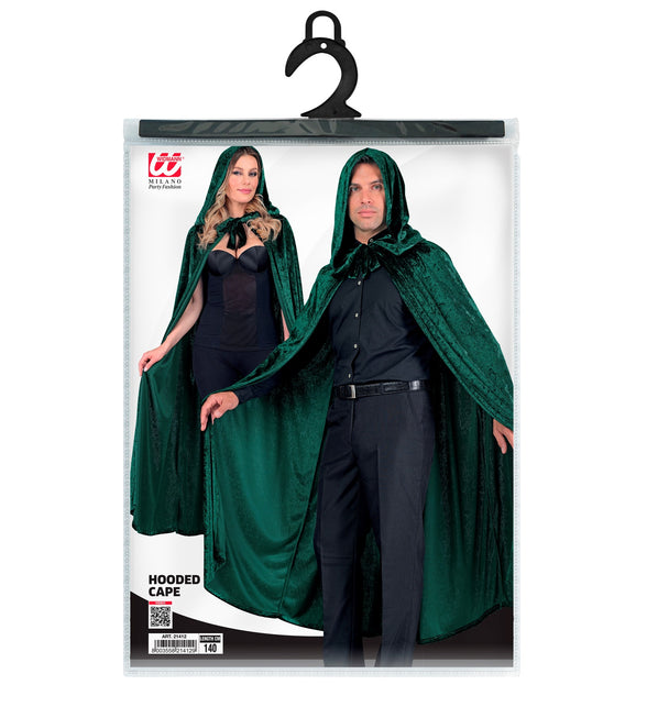 Groen fluwelen cape met kap in verpakking van Widmann, lengte 140 cm