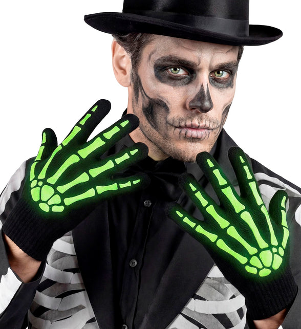 Groen oplichtende skelet handschoenen gedragen door man met skeletschmink en hoge hoed