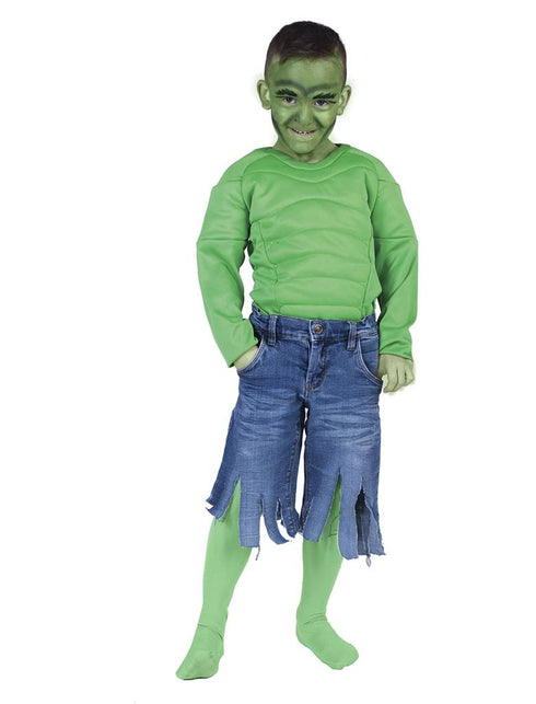 Groen spierballen shirt Dave met opgevulde borst- en armspieren, vooraanzicht op kind