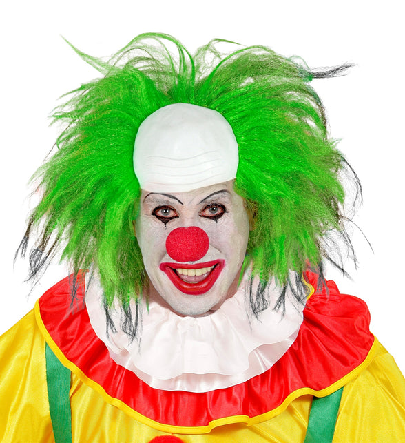 Groene clownspruik met zwarte lokken rond een witte kale kruin, van voren gedragen
