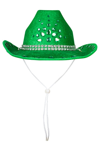 Groene cowboyhoed vooraanzicht met druppelvormige steentjes en wit koord met schuifkraal