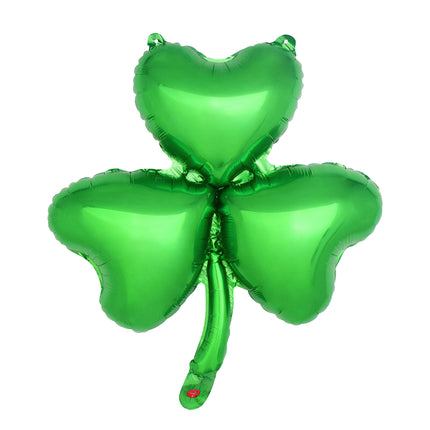 Groene folieballon klavertje met drie hartvormige blaadjes, lange steel en rood vulventiel