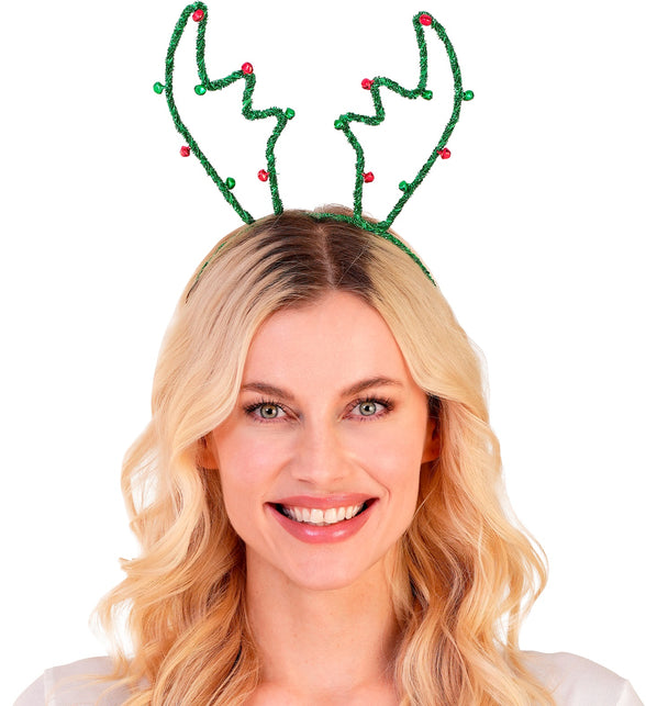 Groene rendier hoofdband op los blond haar, gewei met rinkelende belletjes