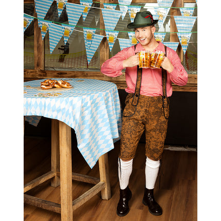 Groene tirolerhoed gedragen bij lederhosen en geruite blouse op een bierfeest