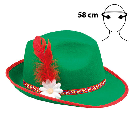 Groene tirolerhoed met sierband, witte bloem en rode veer, hoofdomtrek 58 cm