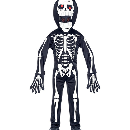 Groot skeletmasker met capuchon, tandenrij en gaas achter de open mond van het skelet pak