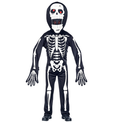 Groot skeletmasker met capuchon, tandenrij en gaas achter de open mond van het skelet pak