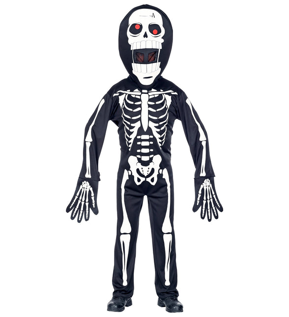 Groot skeletmasker met capuchon, tandenrij en gaas achter de open mond van het skelet pak
