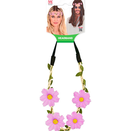 Haarband bloemen paars in verpakking, bloemenkrans met groene blaadjes voor een hippieoutfit