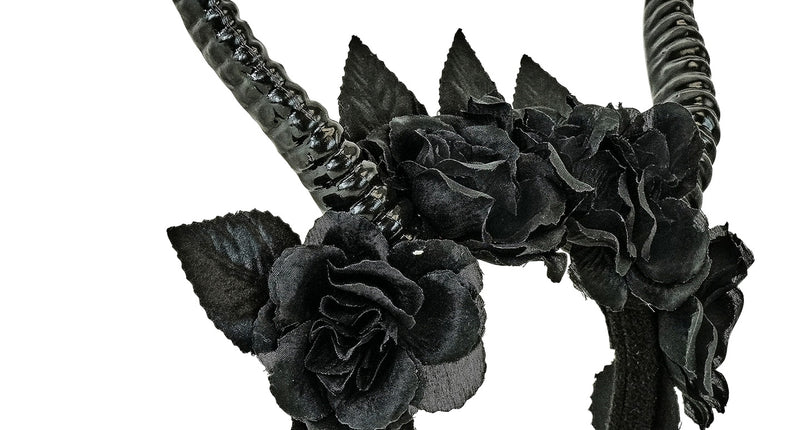 Haarband met hoorns en zwarte rozen, zwarte diadeem met gebogen hoorns en stoffen rozen