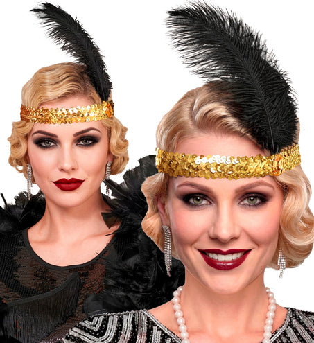 Haarband jaren 20 goud gedragen door twee dames met flapperkapsel bij een charlestonfeest