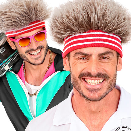 Haarband met pluche haar jaren 80 door heren gedragen bij een trainingsjack en poloshirt