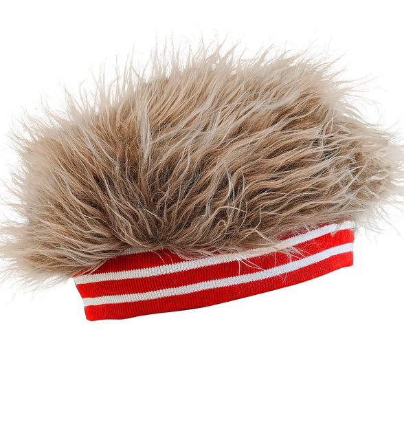 Haarband met pluche haar jaren 80 met rood-wit gestreepte band en asblond pluizig haar