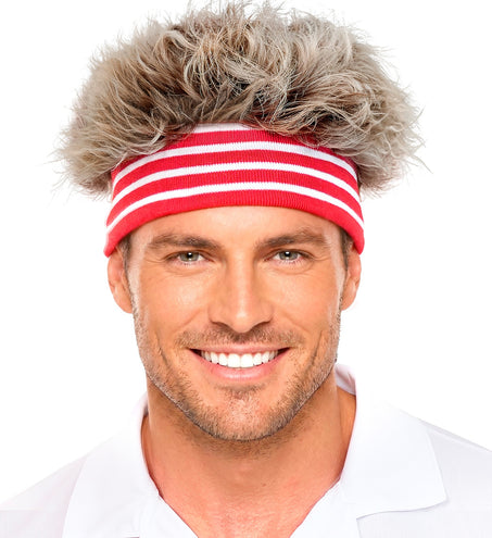 Haarband met pluche haar jaren 80 op het voorhoofd, haar rechtop boven de gestreepte band