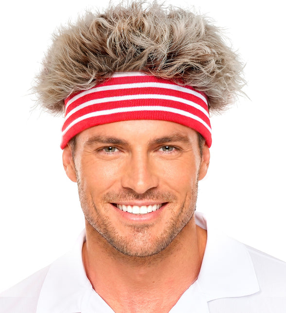 Haarband met pluche haar jaren 80 op het voorhoofd, haar rechtop boven de gestreepte band
