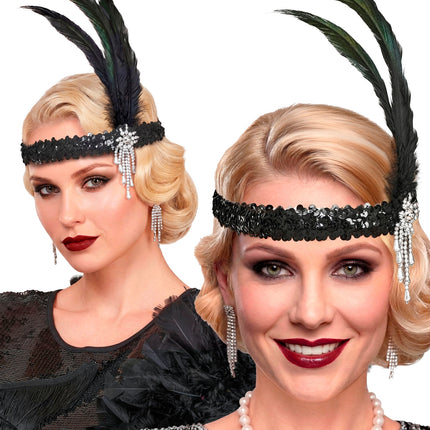 Haarband met veren jaren 20 op model, van voren en van de zijkant gedragen bij een flapperlook