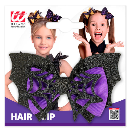 Haarclip vleermuis met paars lint in verpakking, Halloween haaraccessoire voor meisjes