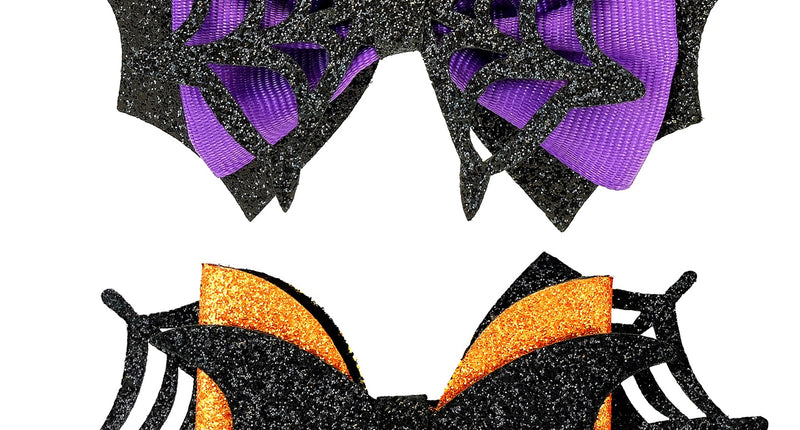 Haarclips vleermuis en spinnenweb, zwart glitter met paars en oranje lint, voor Halloween