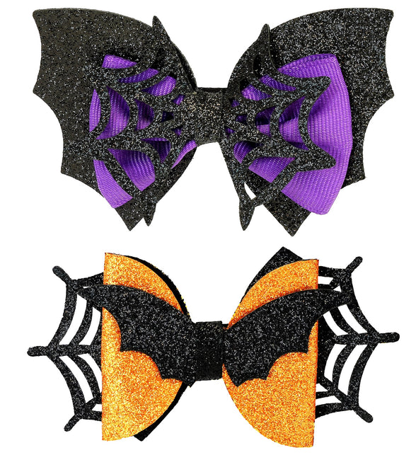 Haarclips vleermuis en spinnenweb, zwart glitter met paars en oranje lint, voor Halloween
