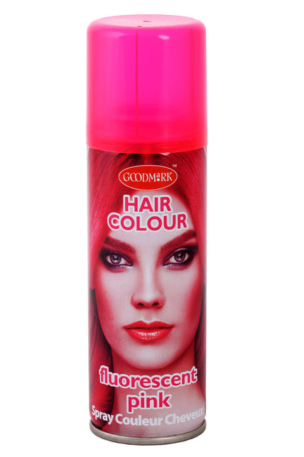 Haarspray fluor roze 125 ml in aluminium spuitbus met roze spuitkop, tijdelijke haarkleuring voor een neonparty