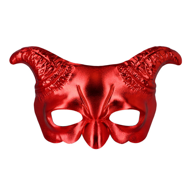 Halfmasker Demoon rood vooraanzicht met geribbelde hoorns, ooggaten en spitse neusrug