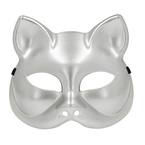 Halfmasker kitty zilver, kattenmasker van kunststof met spitse oren en amandelvormige ooggaten