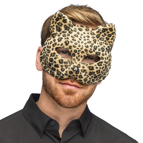 Halfmasker luipaard Feline in luipaardprint gedragen door heer, halve gezichtsbedekking