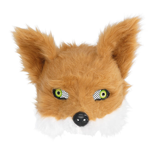 Halfmasker vos van pluche, vooraanzicht met spitse oren, groene ogen en zwart neusje