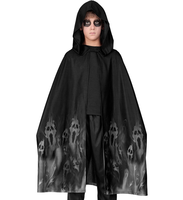 Halloween cape zwart met schreeuwende schedels onderaan en dichte capuchon over het hoofd