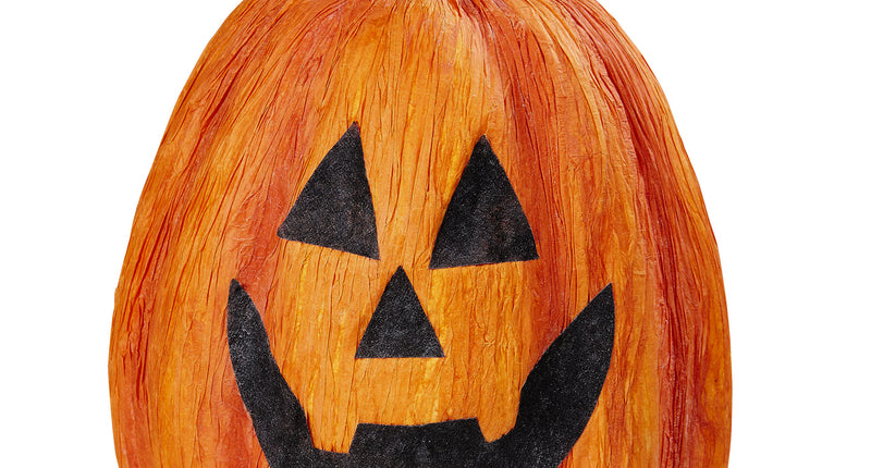 Halloween pompoen van 23 cm in oranje met zwart lachgezicht en grijze gebogen steel