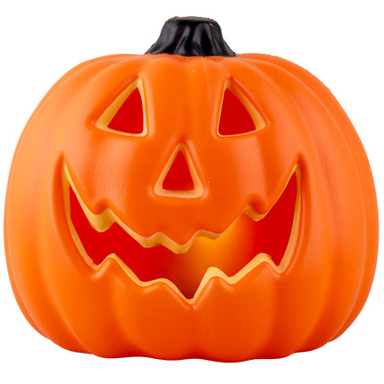Halloween pompoen met licht in oranje PVC met zwart steeltje en uitgesneden grijnsgezicht