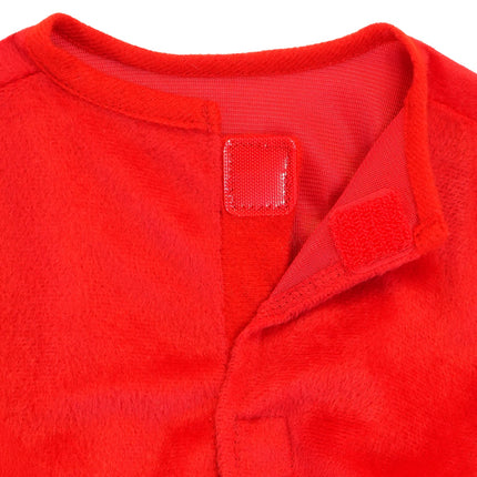 Halsdetail duivel kostuum Milan kind met klittenbandsluiting in rode pluche stof