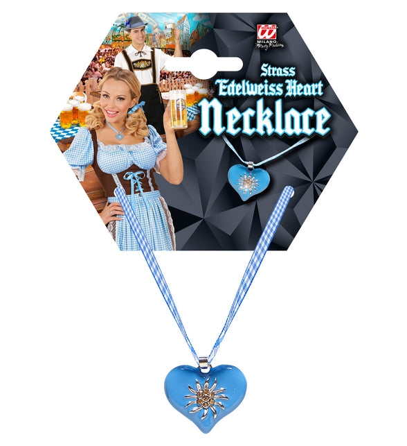Halsketting met azuurblauw hart en edelweiss in verpakking van Widmann