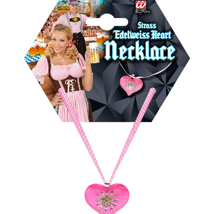 Halsketting met roze hart en edelweiss op verpakkingskaart voor Oktoberfest